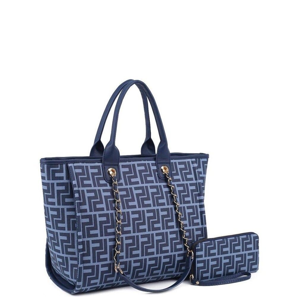 Women Fashion Blue Handbag Tote Bag Shoulder Bag Top Handle Wallet Set 2pcs